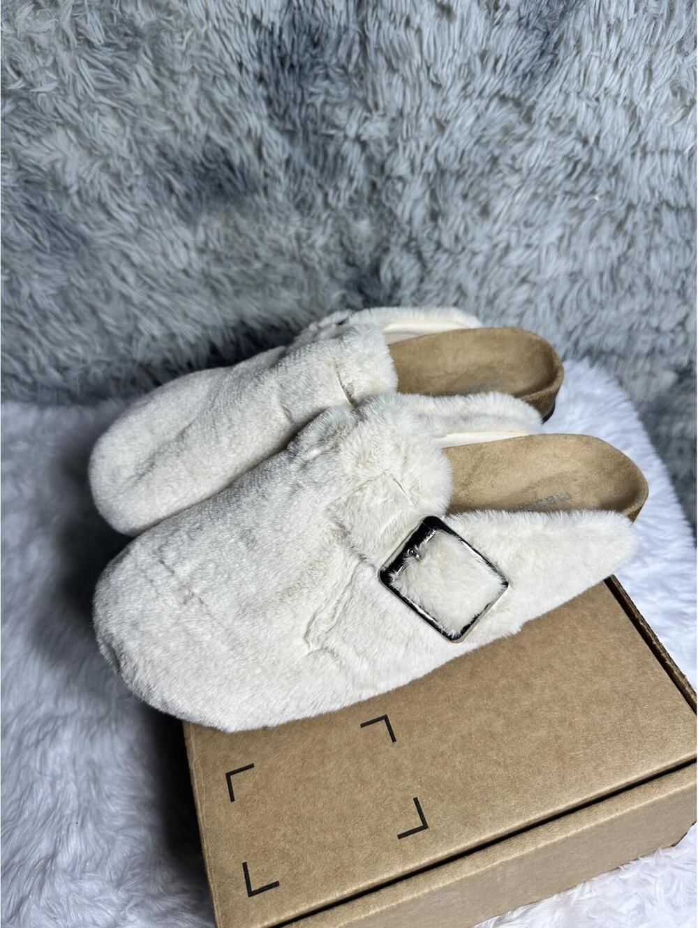 Madden Girl Cream Fuzzy Slip-On Buckle Mules